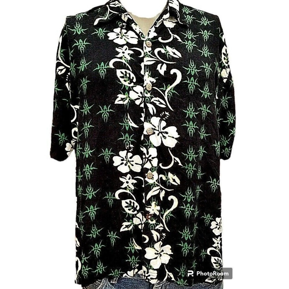 Thums Up Green Floral Men's Hawaiian Shirt XL Button Front